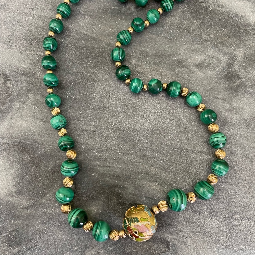 Vintage Malachite Gemstone Cloisonné Dragon Necklace - Picture 9 of 14